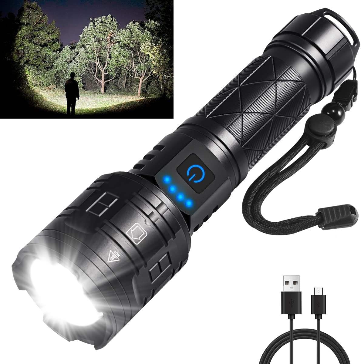 led Flashlight 5000 lumens Most Powerful 26650 Battery Power Output USB  Rechargeable Torch XHP70 Hunting Waterproof Zoomable Best Flashlight for